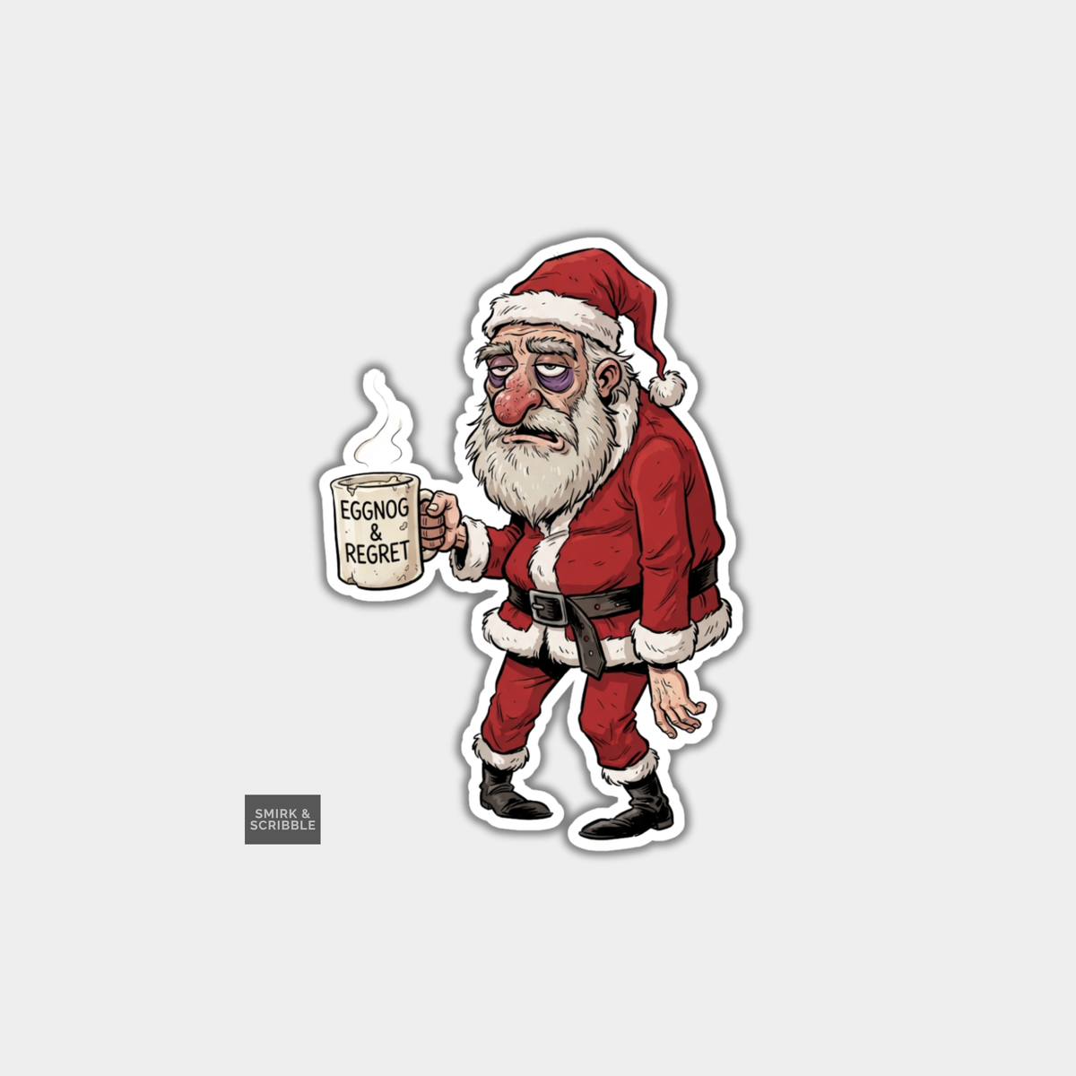 Funny Christmas Sticker - Tired Santa With Hot Drink