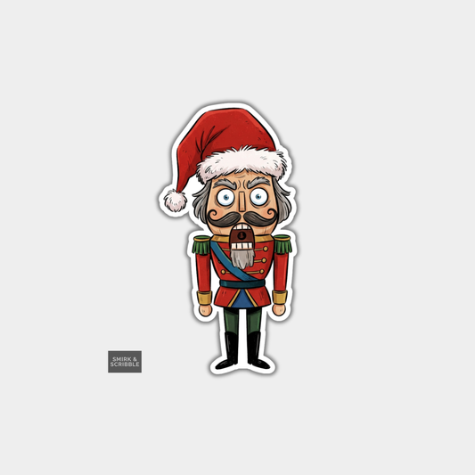 Funny Christmas Sticker - Nutcracker Wearing Santa Hat