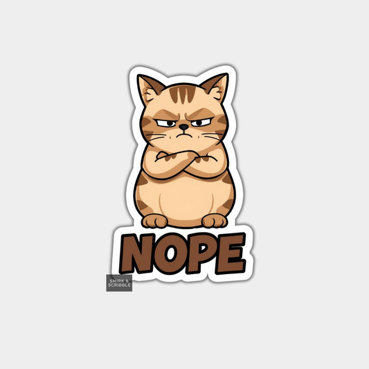 Sticker of a cat with an angry expression and 'NOPE' text on a light gray background