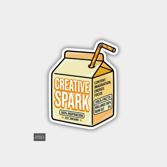 Cartoon milk carton with a straw labeled 'Creative Spark' on a light gray background