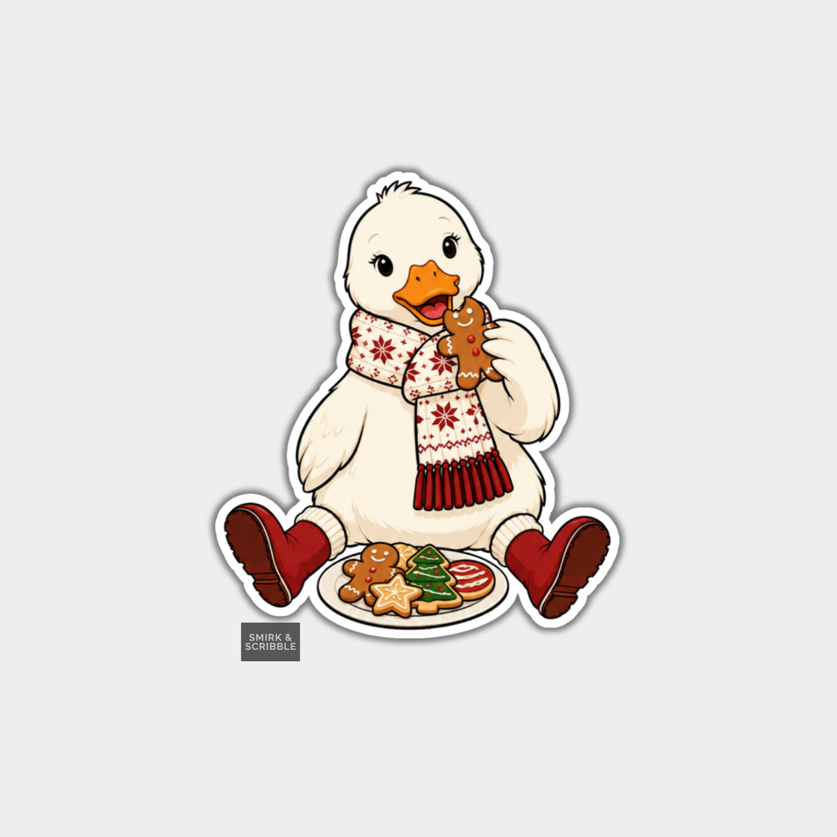 Funny Christmas Sticker - Cute Happy Goose & Gingerbread