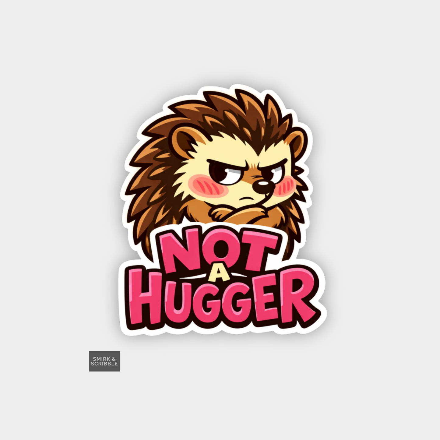 Sticker with a cartoon lion and 'Not a Hugger' text on a light gray background