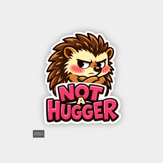 Sticker with a cartoon lion and 'Not a Hugger' text on a light gray background