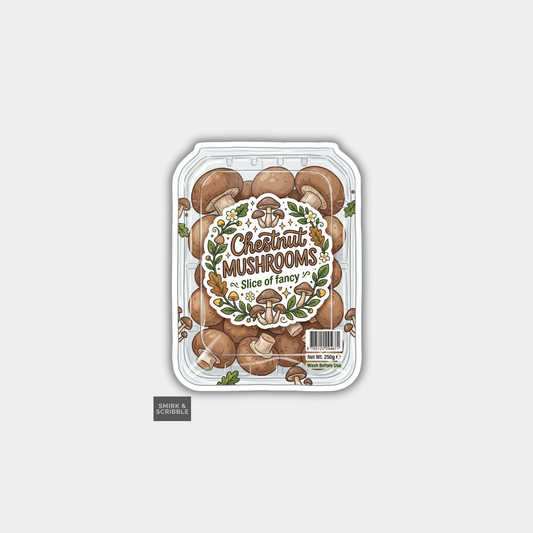 Packaging of chestnut mushrooms with decorative label on a light gray background