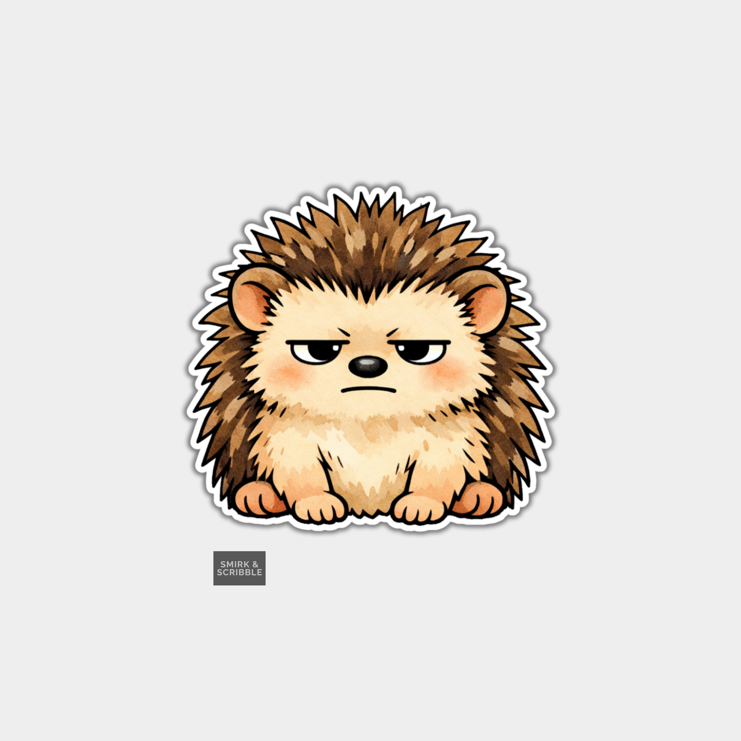 Cartoon hedgehog sticker with a serious expression on a light gray background