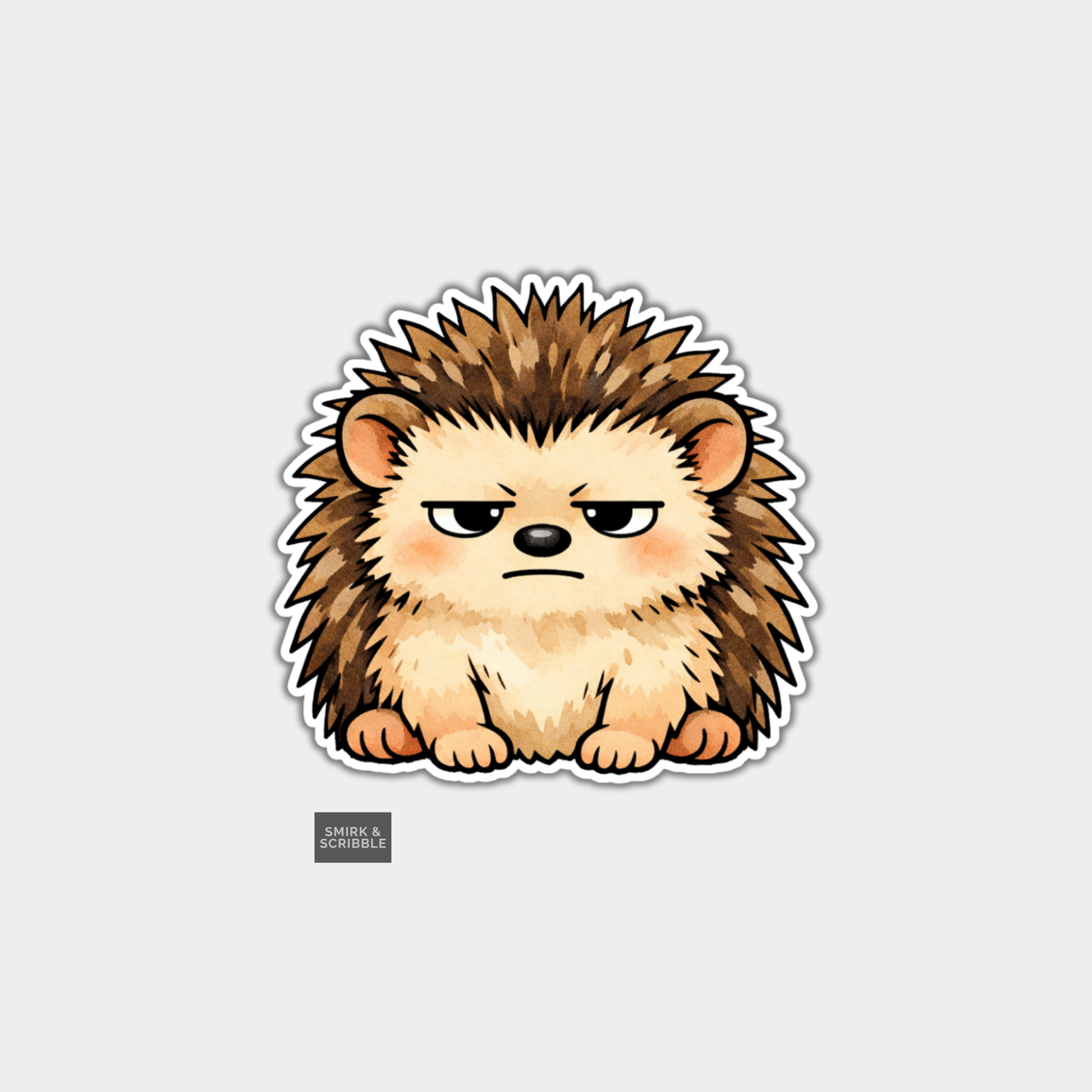Cartoon hedgehog sticker with a serious expression on a light gray background