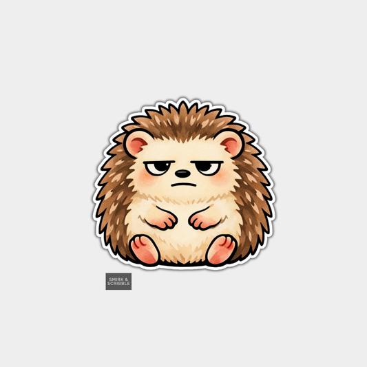 Cartoon hedgehog sticker with a neutral expression on a light gray background