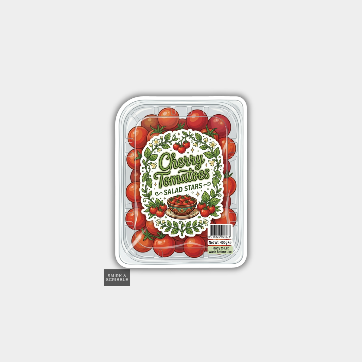 Packaging of cherry tomatoes with a decorative label on a light gray background