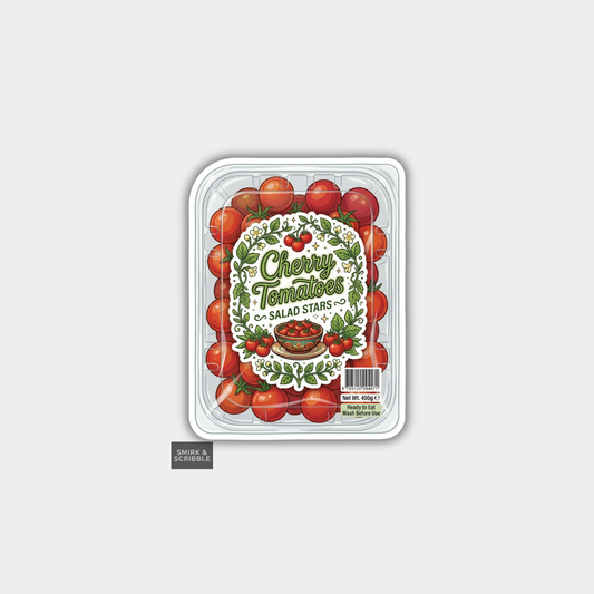 Packaging of cherry tomatoes with a decorative label on a light gray background