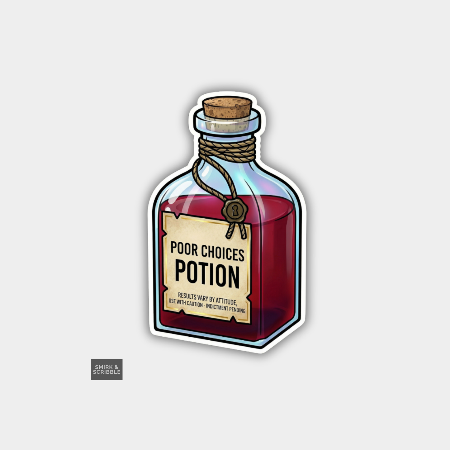 Sticker of a potion bottle labeled 'Poor Choices Potion' on a light gray background