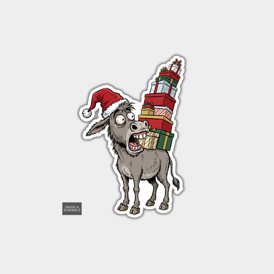 Funny Christmas Sticker - Shocked Donkey With Gifts