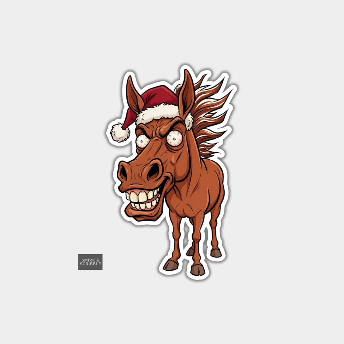 Funny Christmas Sticker - Scary Horse In Santa Hat