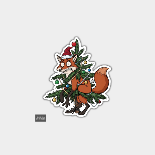 Funny Christmas Sticker - Cute Fox Stuck In Xmas Tree
