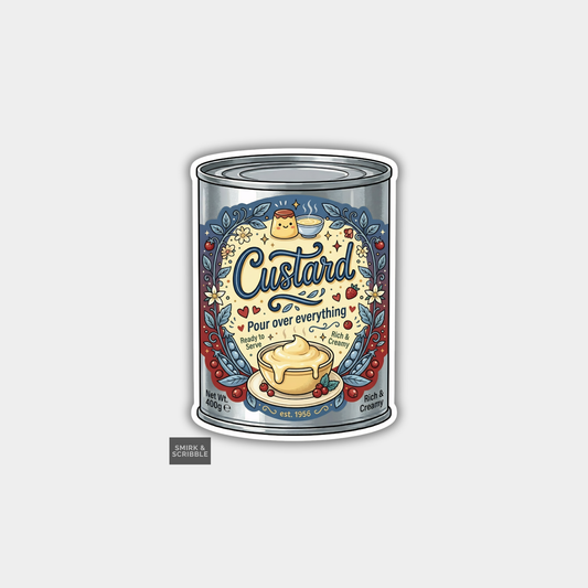 Can of custard with decorative label on a white background