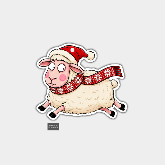 Funny Christmas Gift Tags - Cute Sheep In Santa Hat & Scarf