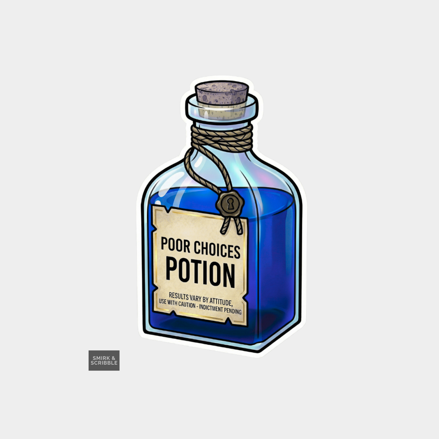 Blue potion bottle labeled 'Poor Choices Potion' on a light gray background