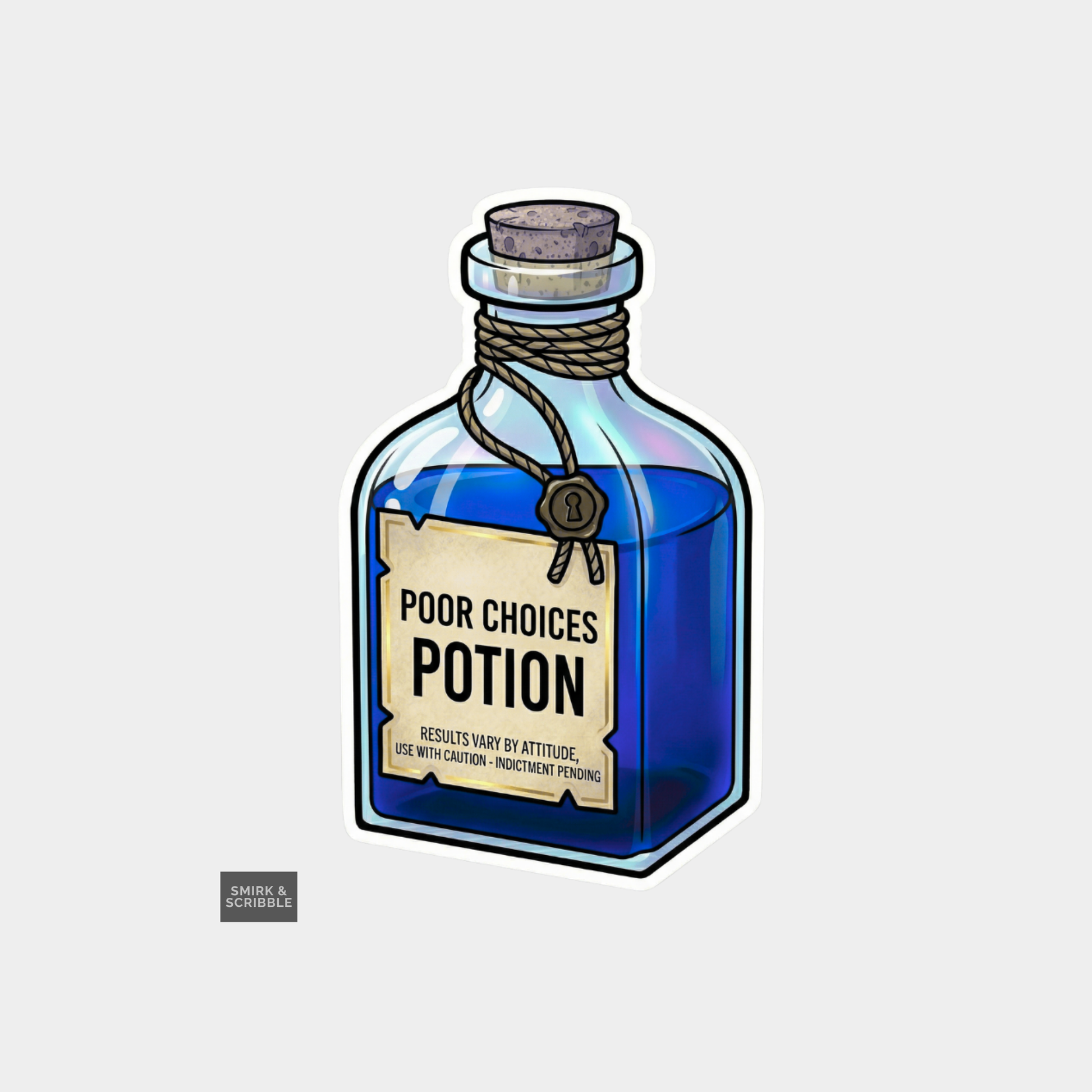 Blue potion bottle labeled 'Poor Choices Potion' on a light gray background