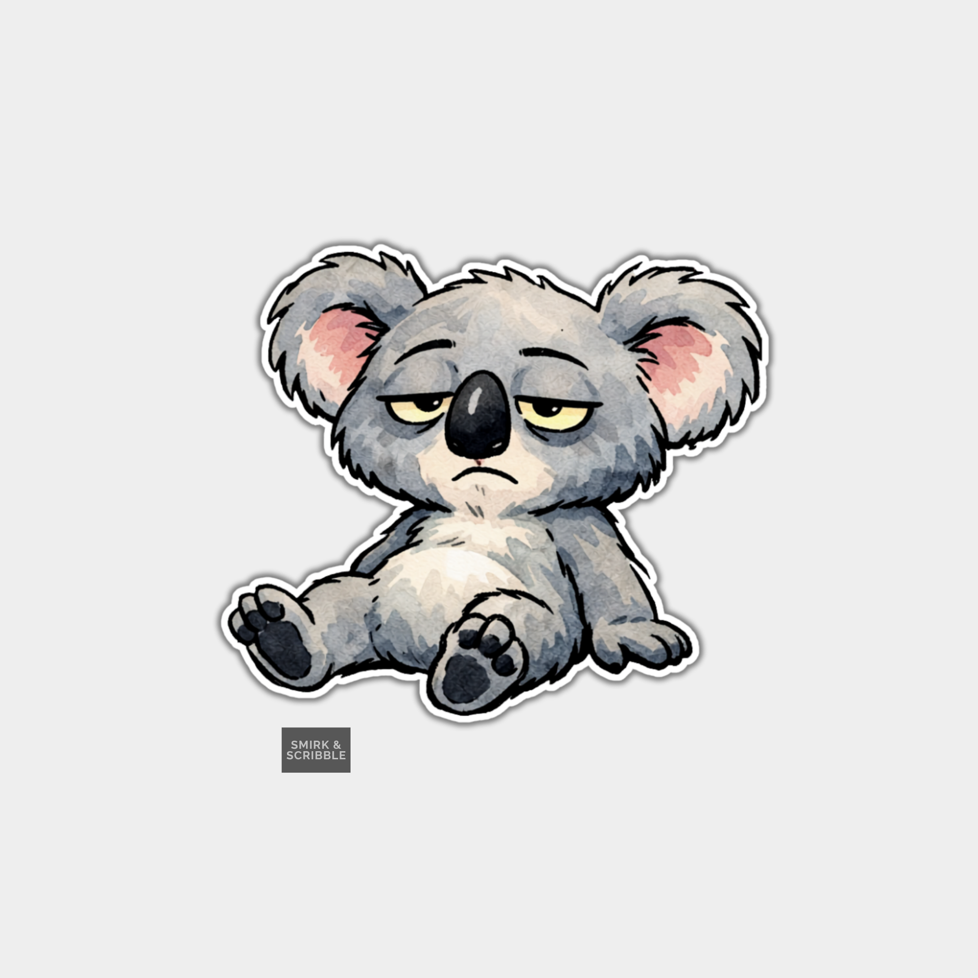 Cartoon koala with a sad expression on a light gray background