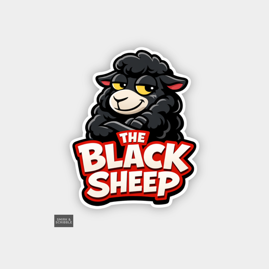 Sticker of a black sheep with 'The Black Sheep' text on a gray background