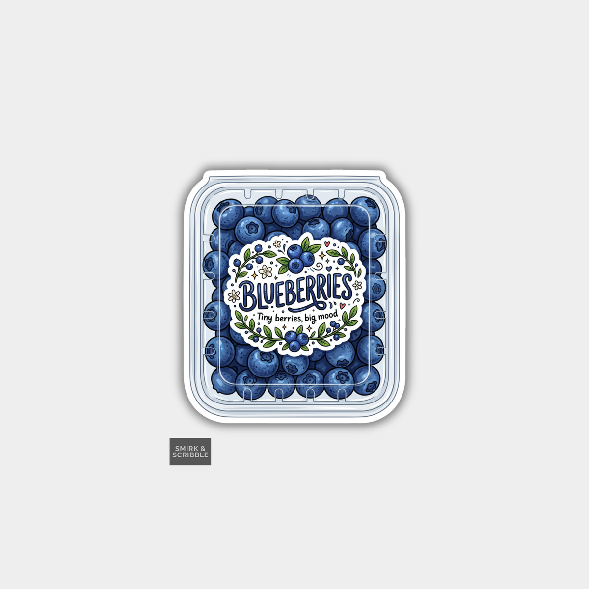 Packaging of blueberries with a decorative label on a light gray background
