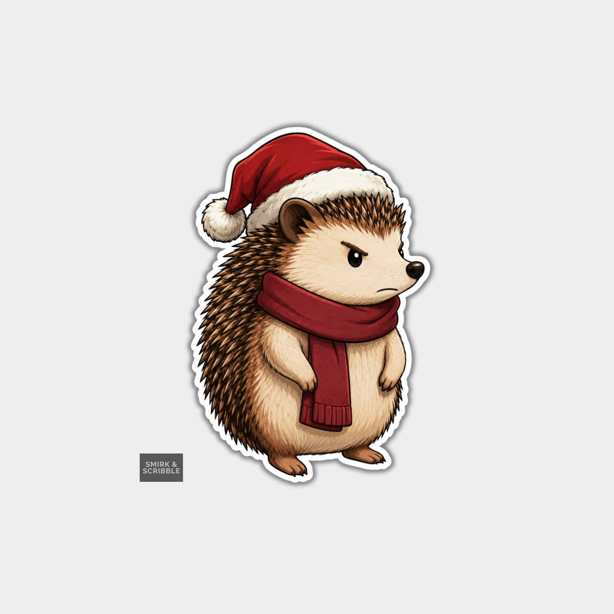 Funny Christmas Sticker - Grumpy Hedgehog In Scarf & Hat