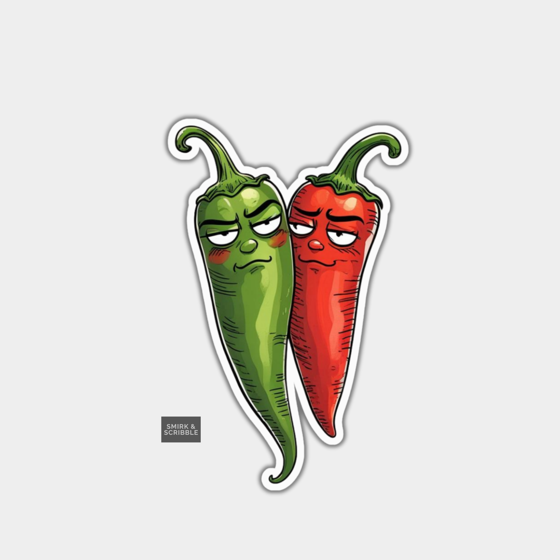 Cartoon-style green and red chili peppers with sad expressions on a light gray background.