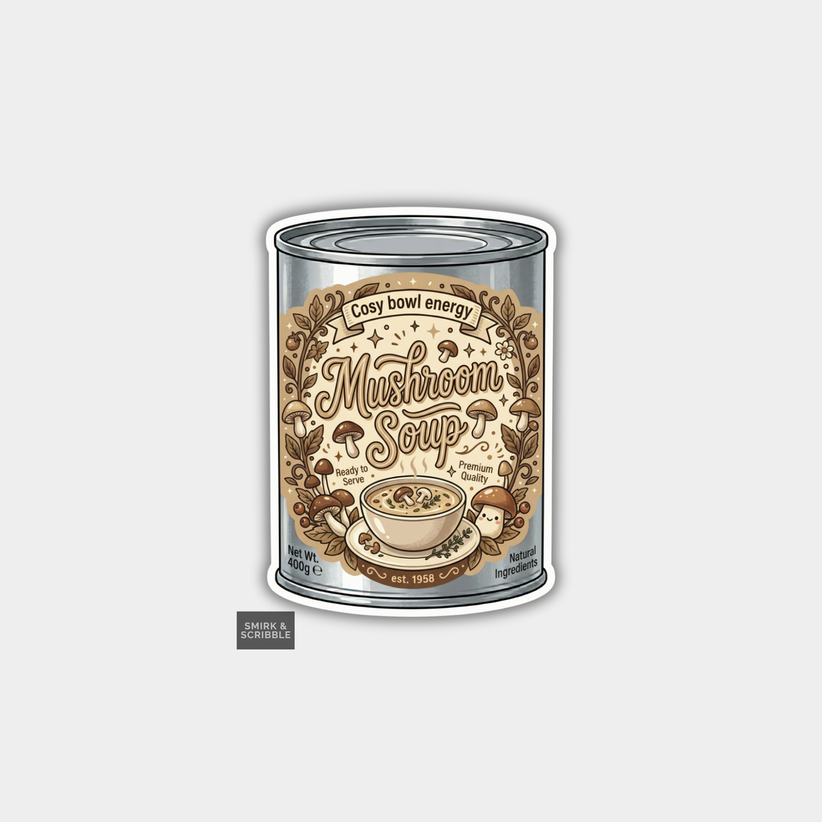 Can of mushroom soup with decorative label on a light gray background