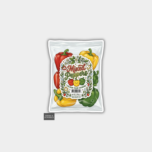 Packaging of mixed peppers with colorful illustrations on a white background