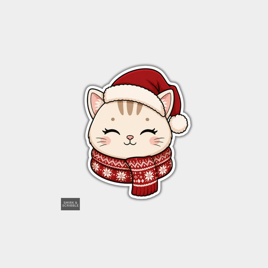 Funny Christmas Sticker - Cute Cat In Santa Hat & Scarf
