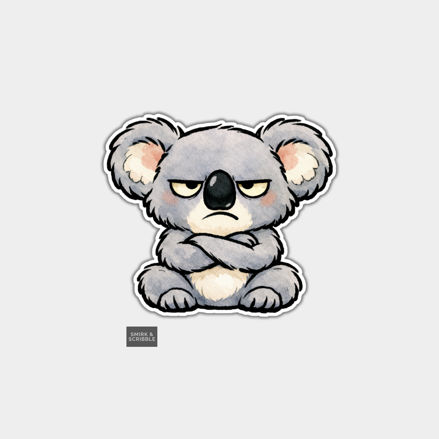 Stylized koala with crossed arms on a light gray background