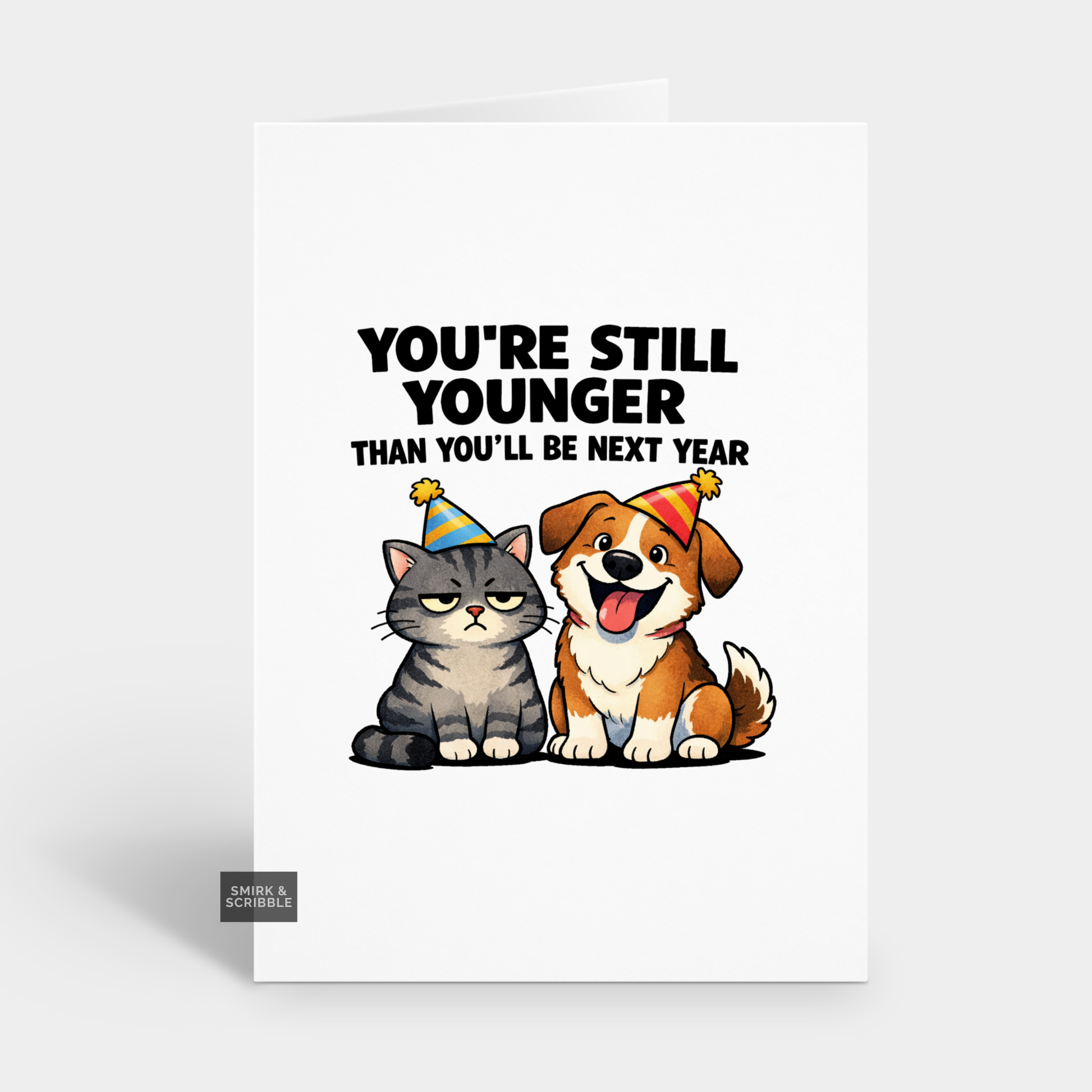 Cartoon cat and dog with birthday hats and humorous text on a white background