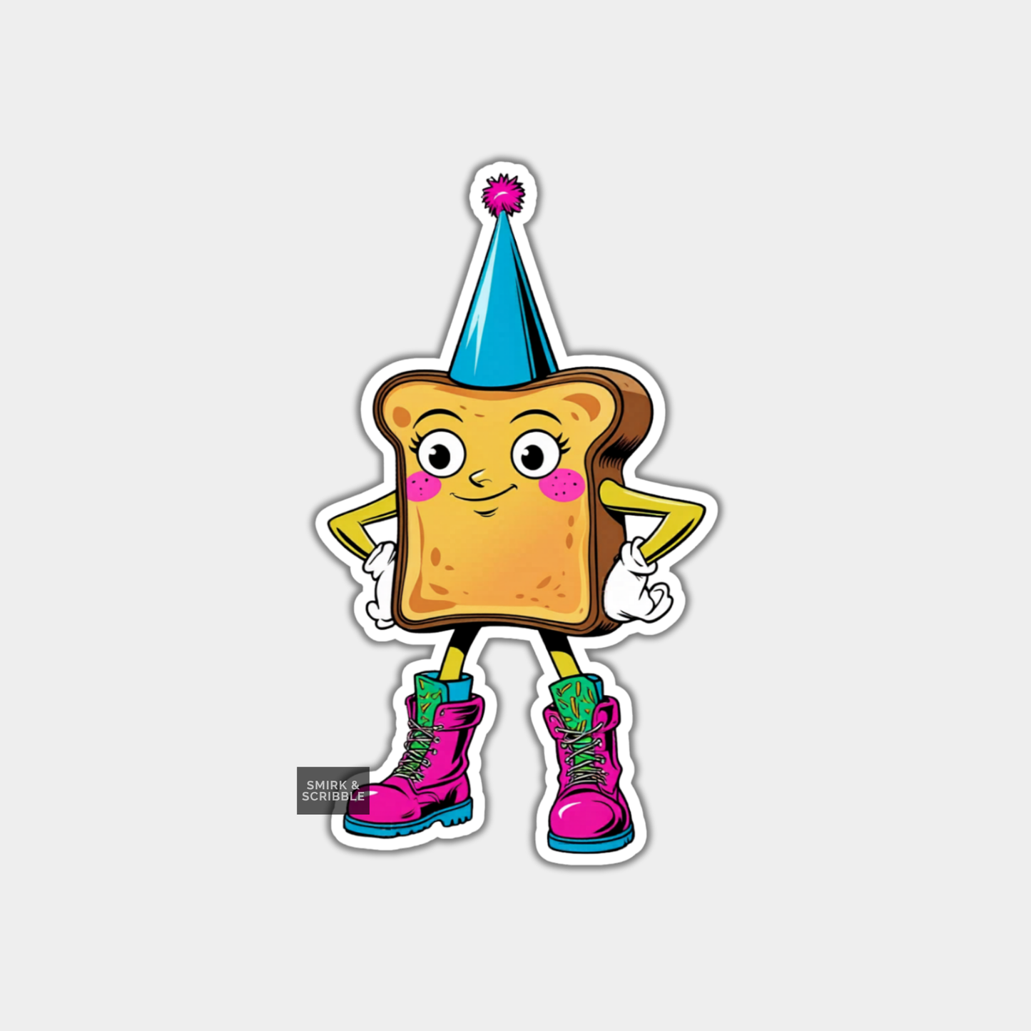 Cartoon toast character with a party hat on a light gray background