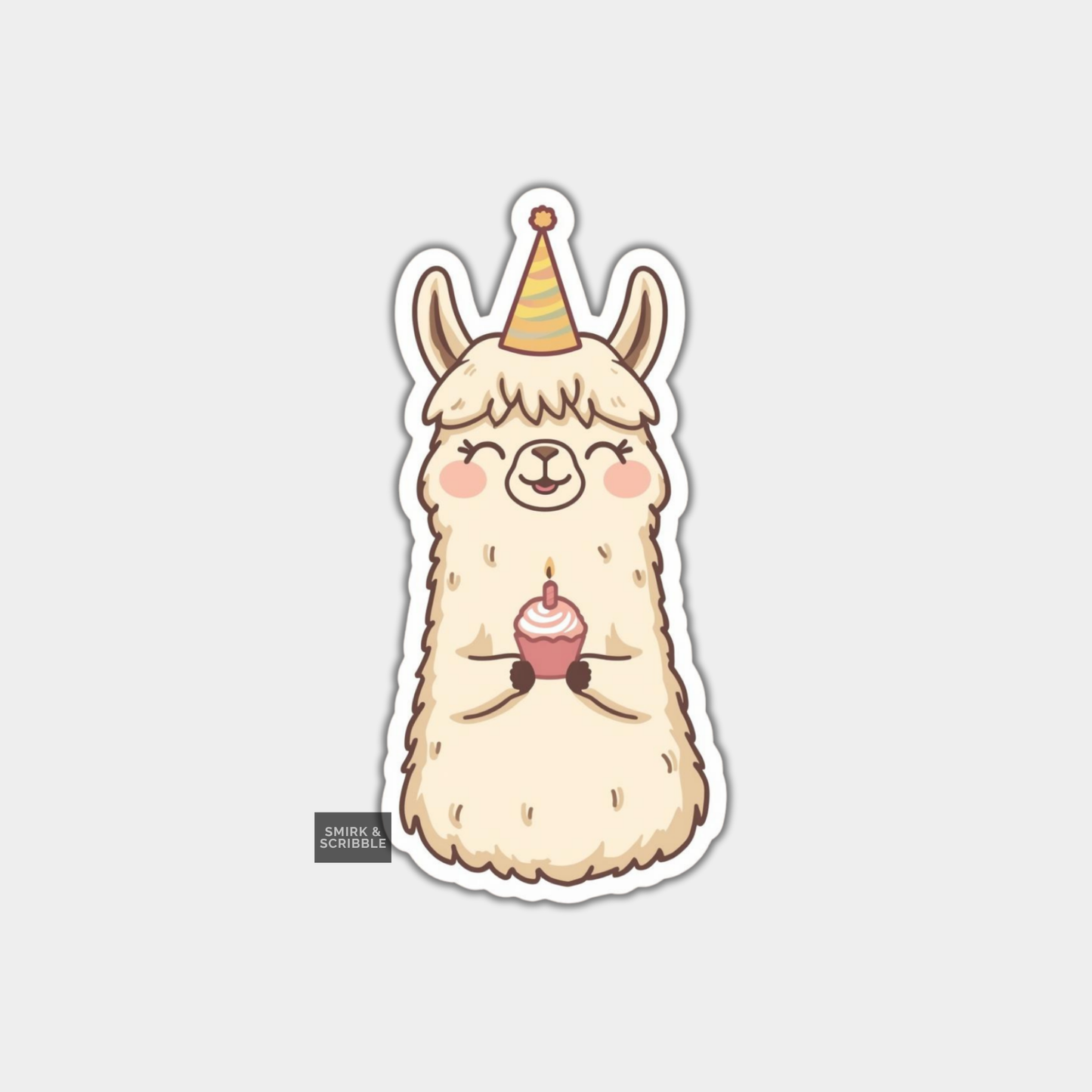 Sticker of a cartoon llama with a party hat and cupcake on a light gray background