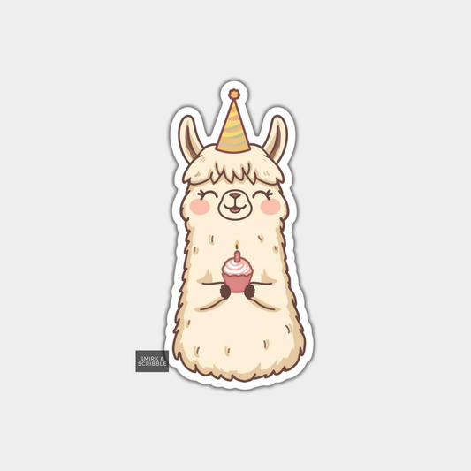 Sticker of a cartoon llama with a party hat and cupcake on a light gray background