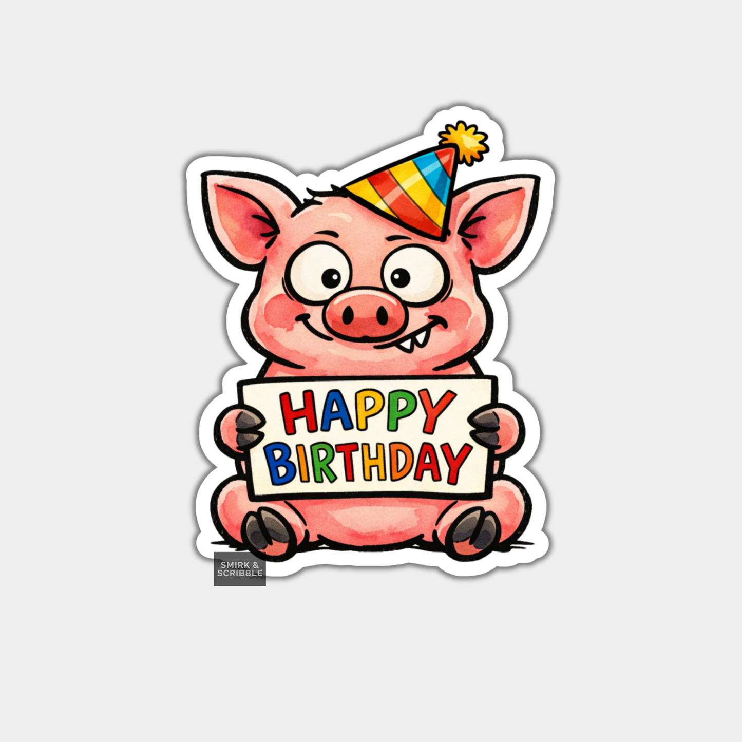 Cartoon pig holding a 'Happy Birthday' sign with a party hat on a light gray background