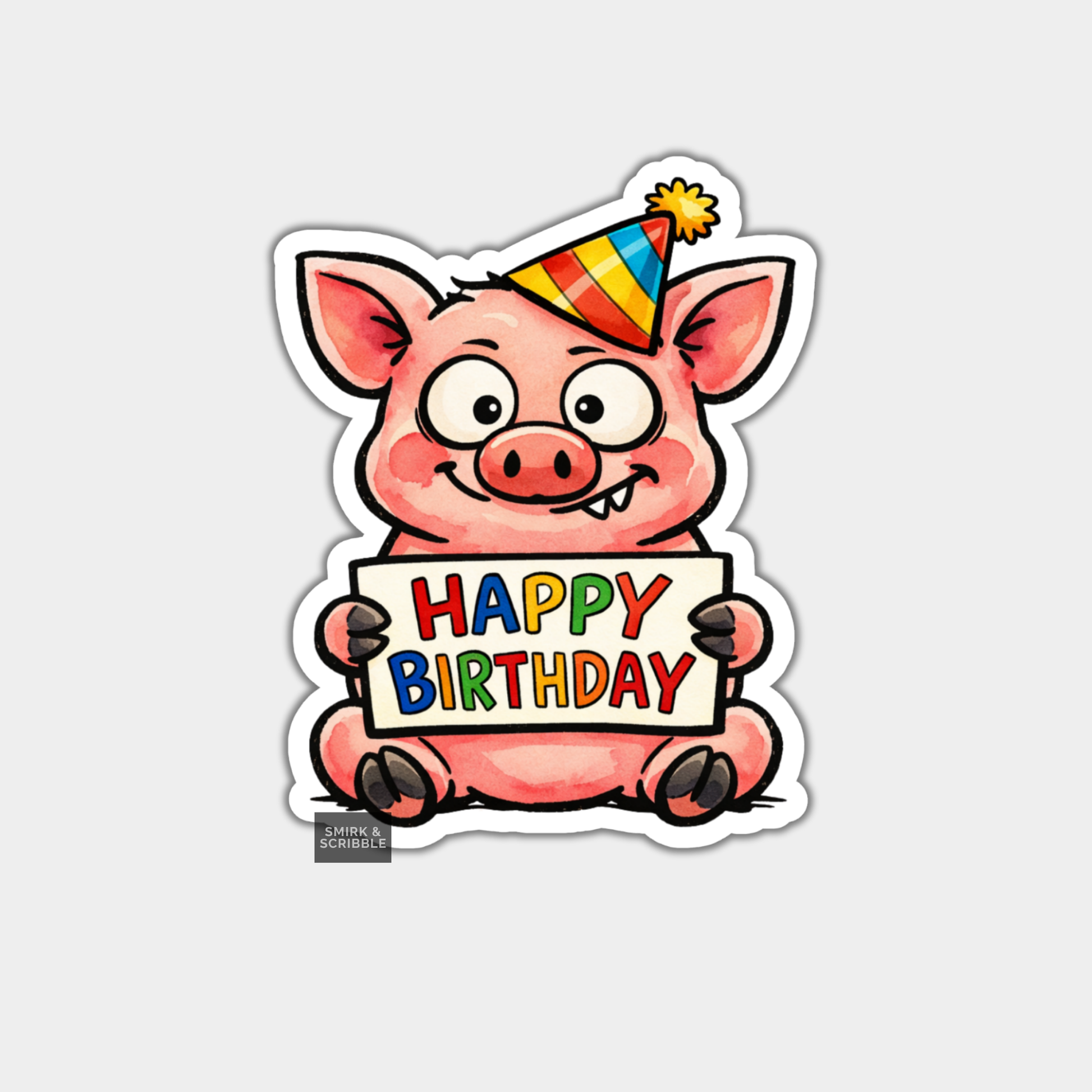 Cartoon pig holding a 'Happy Birthday' sign with a party hat on a light gray background