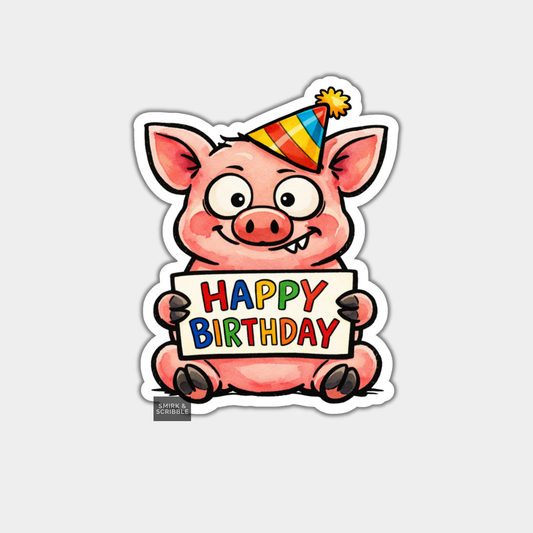 Cartoon pig holding a 'Happy Birthday' sign with a party hat on a light gray background