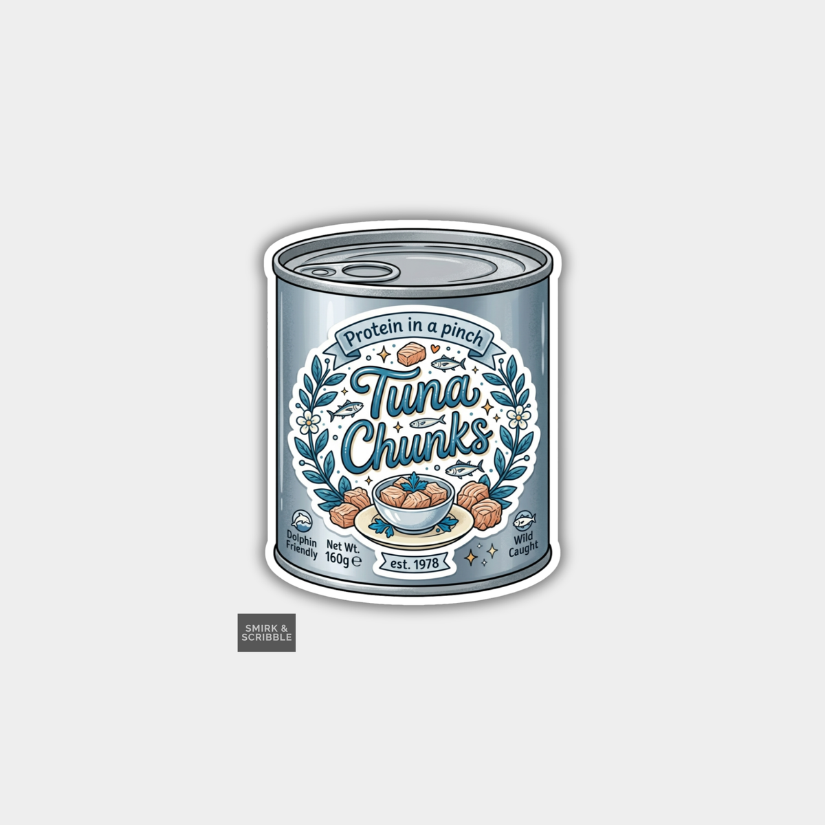 Can of tuna chunks with decorative label on a light gray background