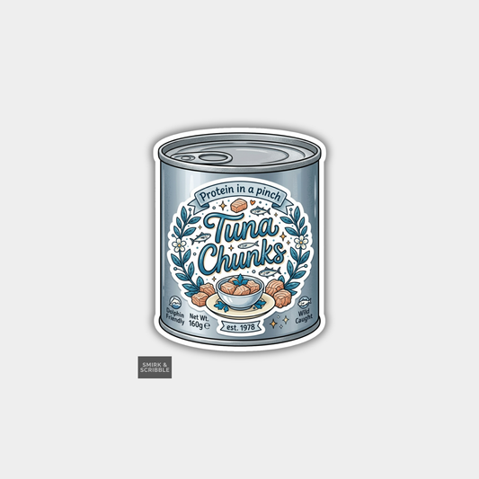 Can of tuna chunks with decorative label on a light gray background