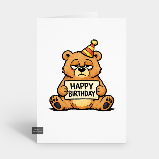 Cartoon bear holding a 'Happy Birthday' sign with a party hat on a white background