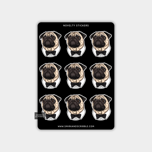 Funny Vinyl Sticker Sheet - Pug In Bow Tie