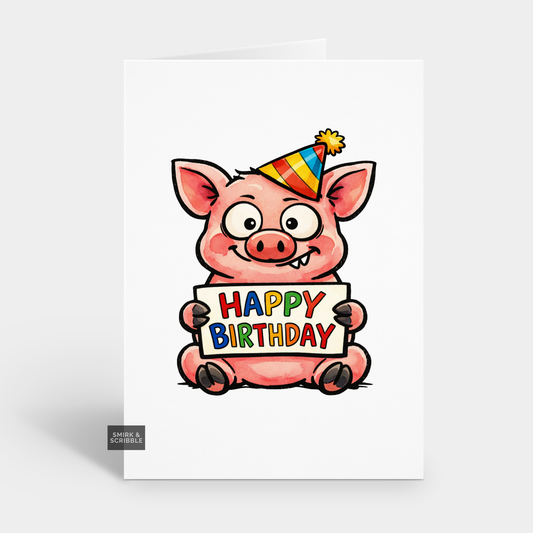 Cartoon pig wearing a party hat holding a 'Happy Birthday' sign on a white background