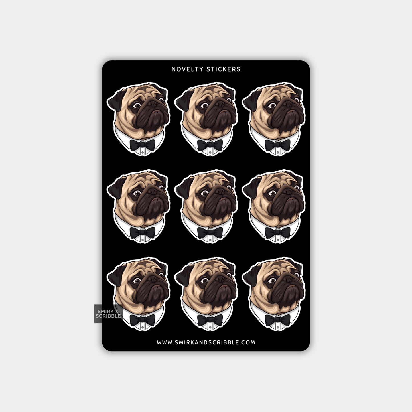Funny Vinyl Sticker Sheet - Bow Tie Pug