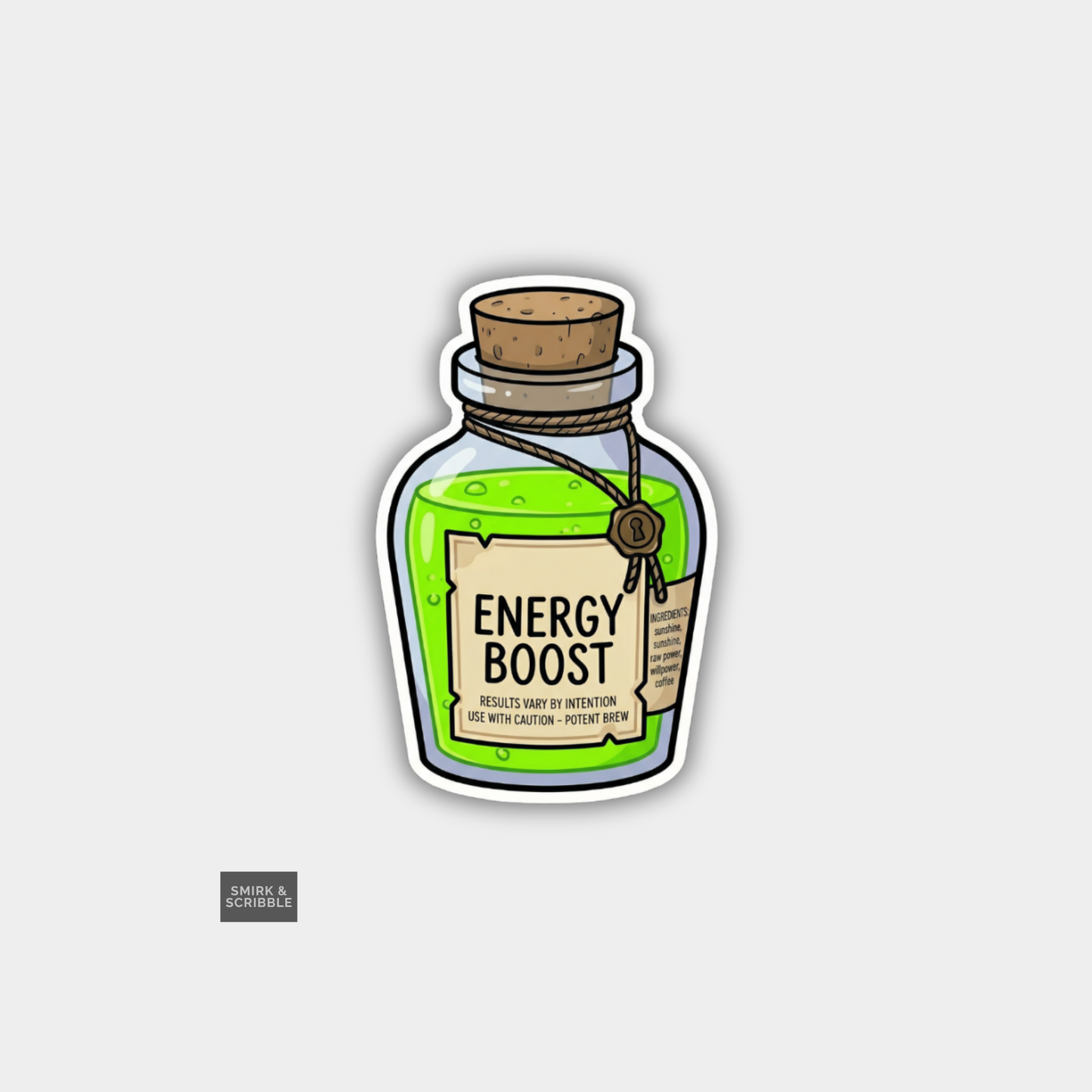 Sticker of a bottle labeled 'Energy Boost' on a light gray background