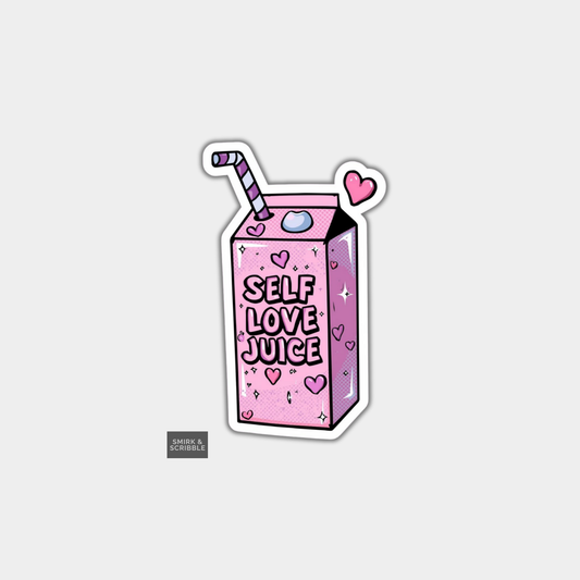 Cartoon milk carton with 'Self Love Juice' text on a light gray background