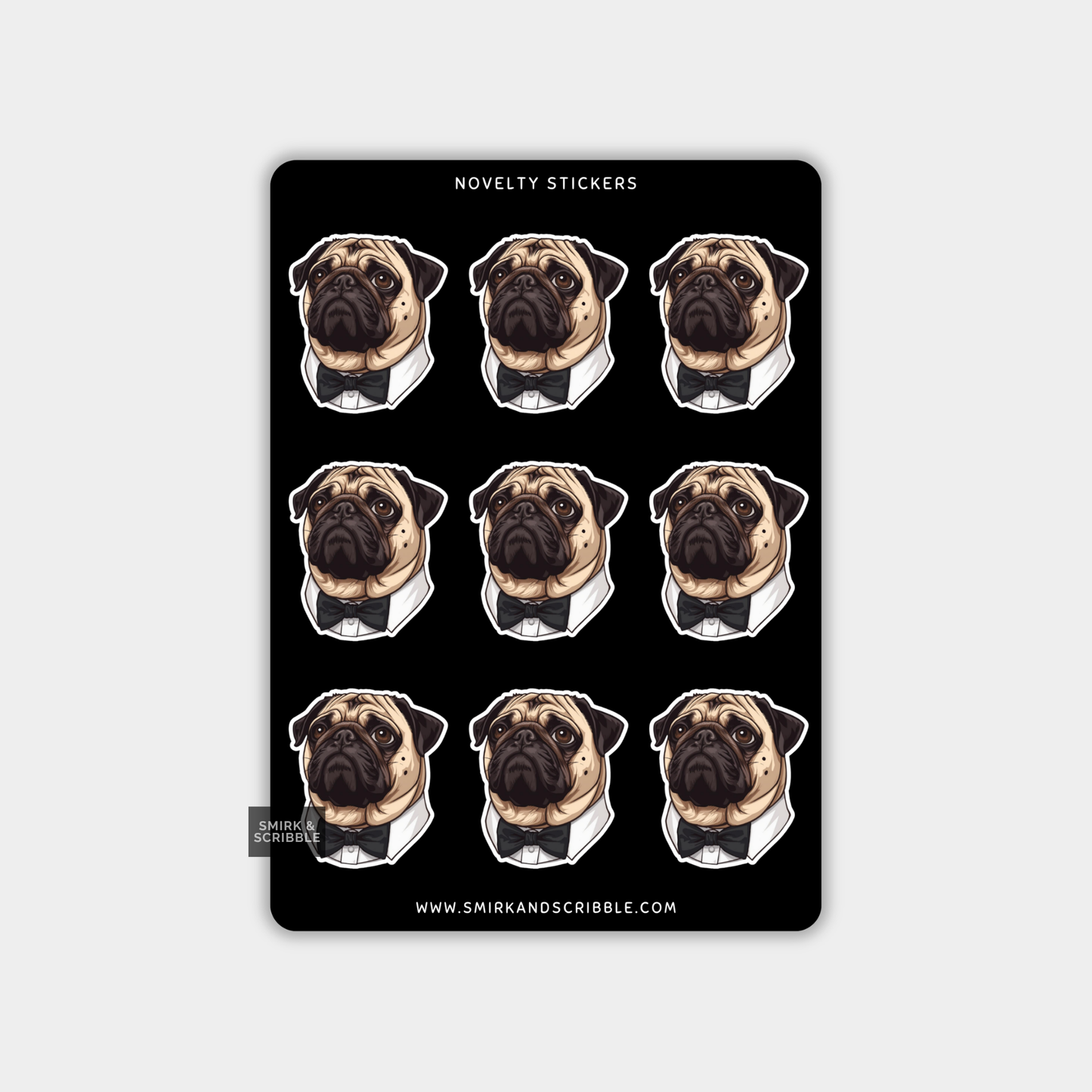 Funny Vinyl Sticker Sheet - Bow Tie Pug Dog