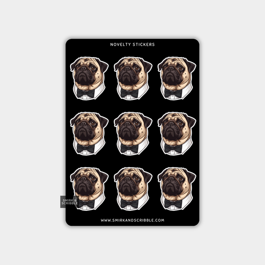 Funny Vinyl Sticker Sheet - Bow Tie Pug Dog