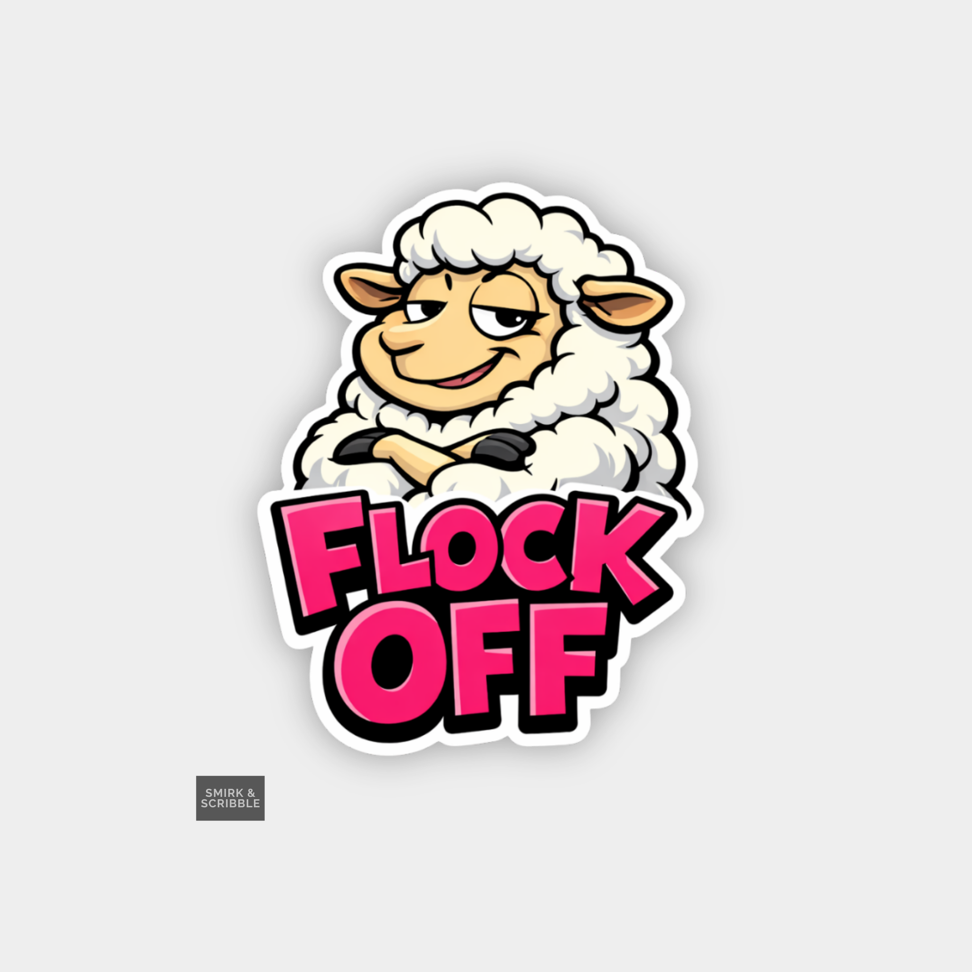Cartoon sheep with 'Flock Off' text on a gray background