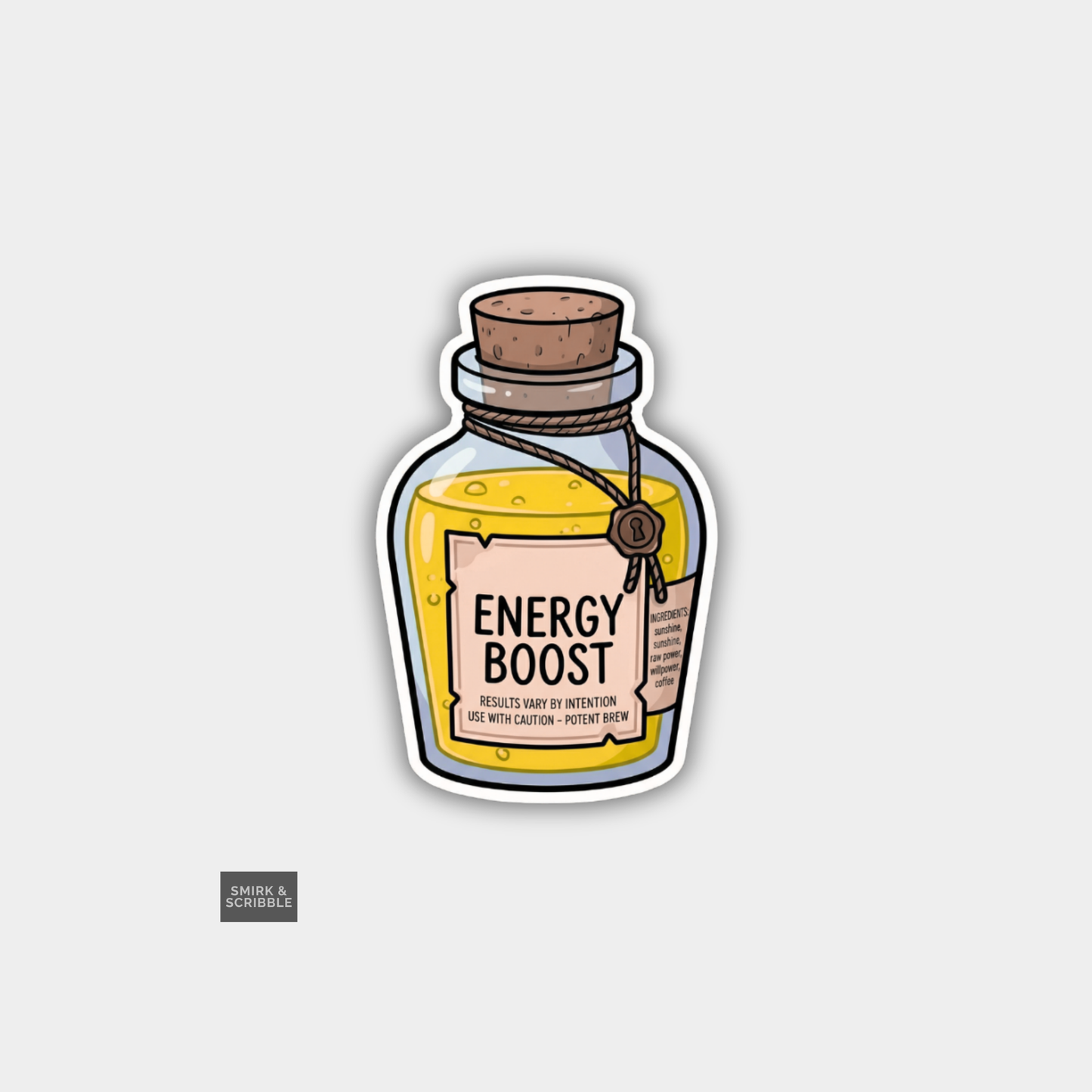 Sticker of a bottle labeled 'Energy Boost' on a light gray background