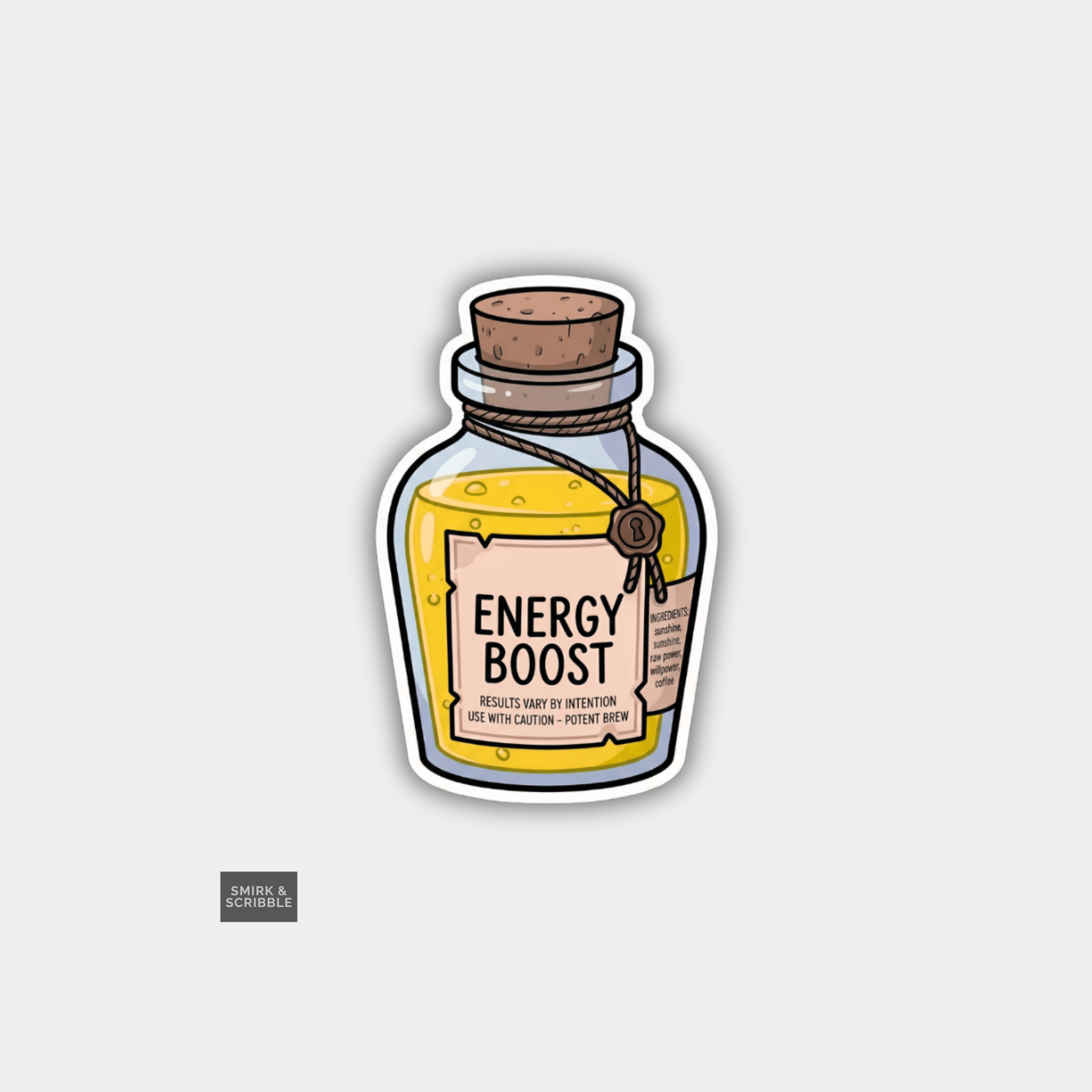 Sticker of a bottle labeled 'Energy Boost' on a light gray background